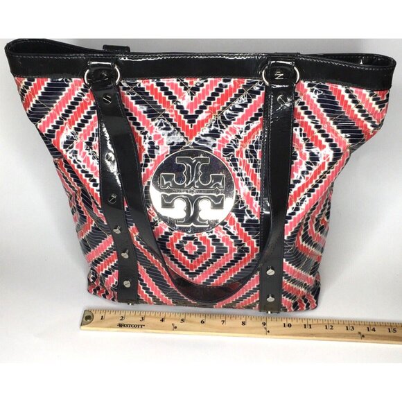 Tory Burch Quilted Pattern Studded Large Multicolor Geometric Patent Tote Bag - Picture 1 of 12